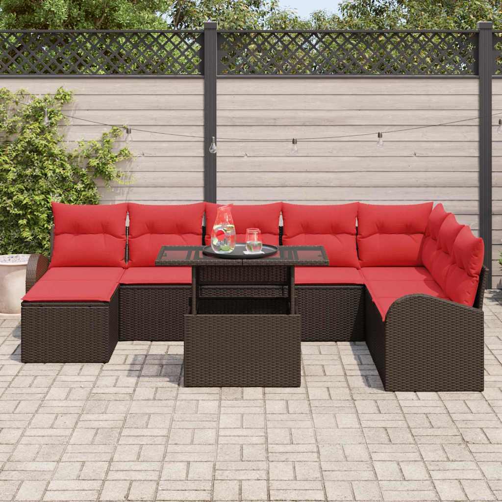 Set Divano da Giardino 9 pcs Marrone e Rosso polyrattan | homemem39