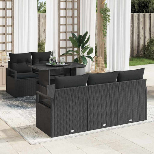 Set Divano da Giardino 6 pz 5 posto Nero polyrattan