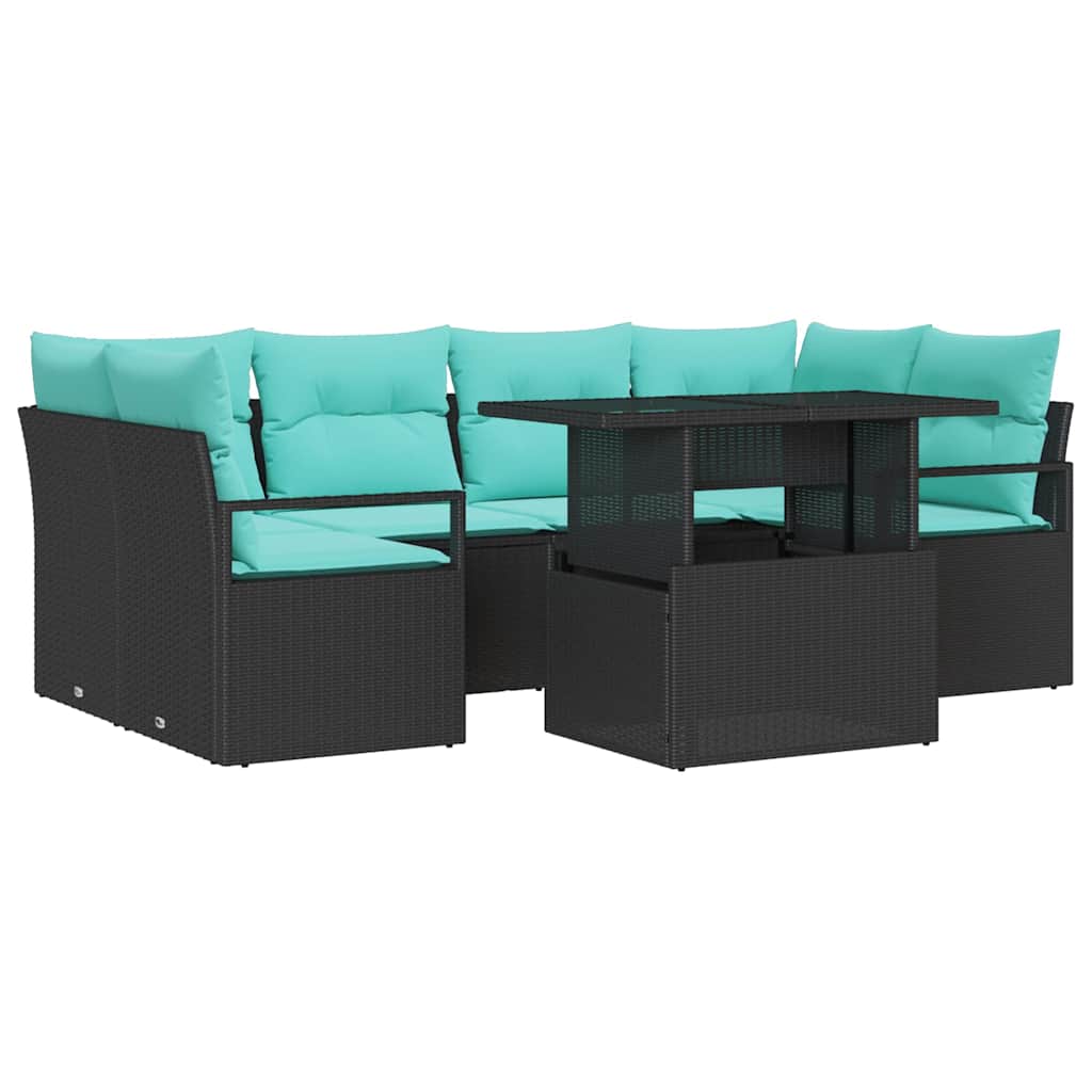 Set Divano da Giardino con cuscino 7 pcs Nero e blu polyrattan