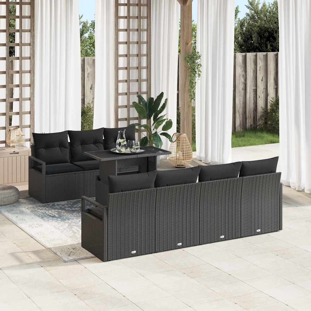 Set Divano da Giardino 8 pz 7-Numero di posti Nero polyrattan