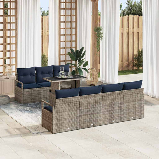 Set Divano da Giardino 8 pcs Grigio e Blu Navy polyrattan