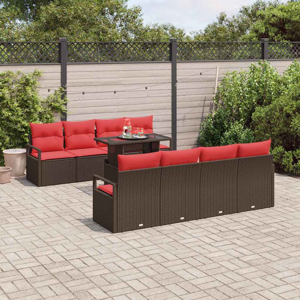 Set Divano da Giardino 9 pcs Marrone e Rosso polyrattan | homemem39