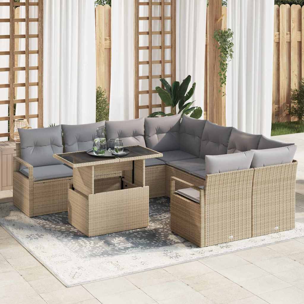 Set Divano da Giardino 9 pcs Beige e Grigio Chiaro polyrattan | homemem39