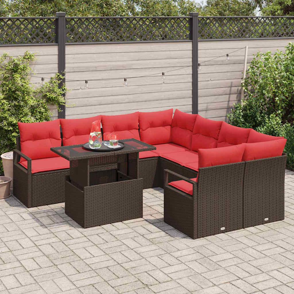 Set Divano da Giardino 9 pcs Marrone e Rosso polyrattan | homemem39