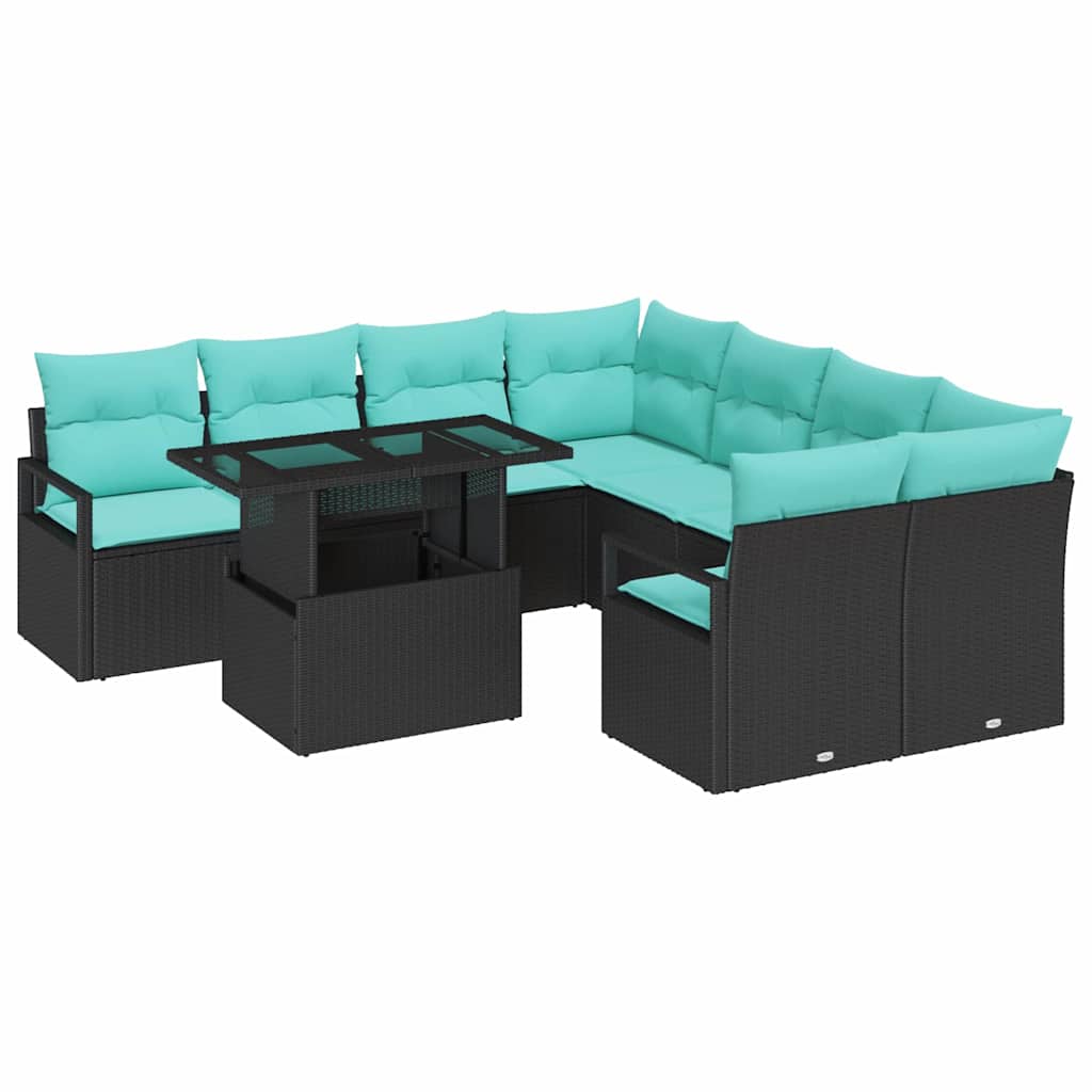 Set Divano da Giardino con cuscino 9 pcs Nero e Blu polyrattan | homemem39