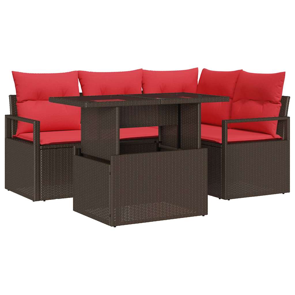 Set Divano da Giardino 5 pcs Marrone e Rosso polyrattan | homemem39