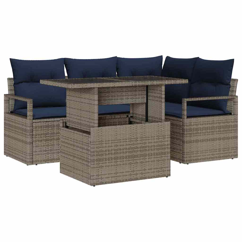 Set Divano da Giardino 5 pcs Grigio e Blu Navy polyrattan | homemem39