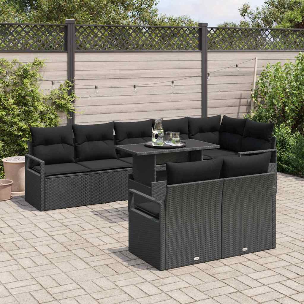 Set Divano da Giardino 9 pcs 8-Numero di posti Nero polyrattan | homemem39