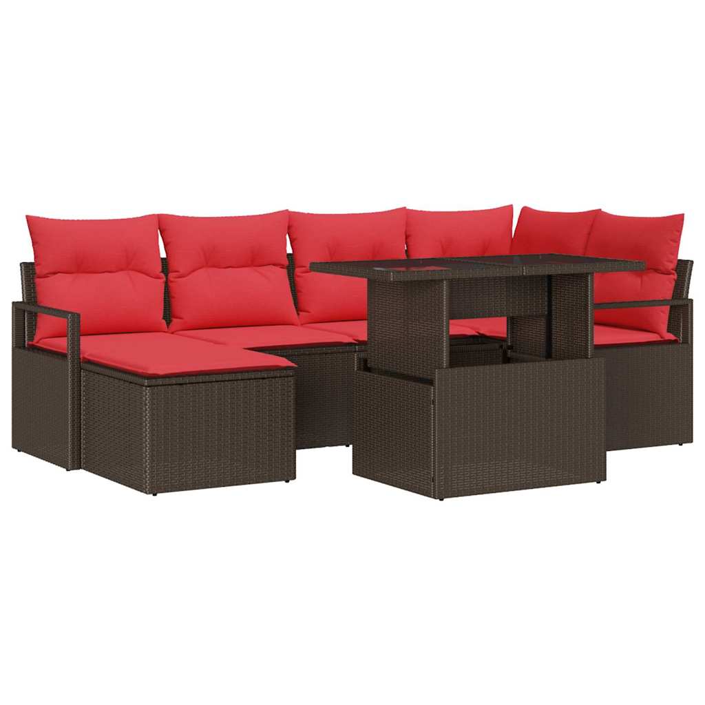 Set Divano da Giardino 7 pcs Marrone e Rosso Poly Rattan | homemem39