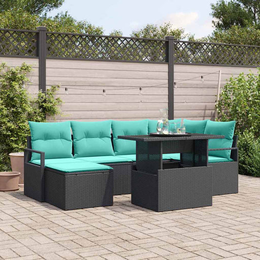 Set Divano da Giardino 7 pcs Nero e Blu Poly Rattan | homemem39