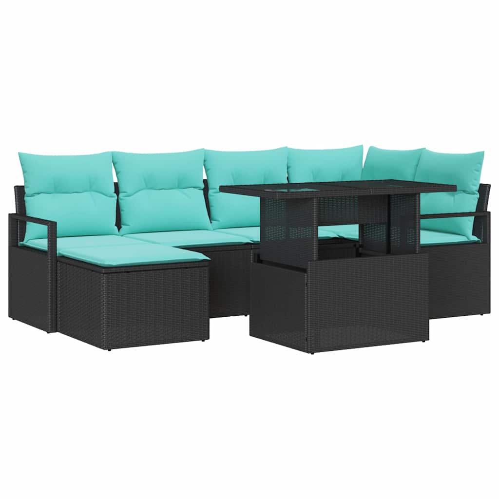 Set Divano da Giardino 7 pcs Nero e Blu Poly Rattan | homemem39