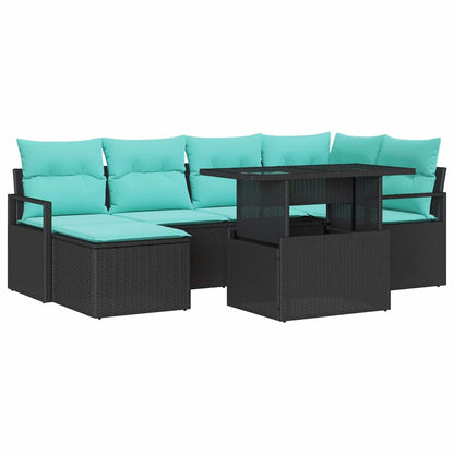 Set Divano da Giardino 7 pcs Nero e Blu Poly Rattan | homemem39