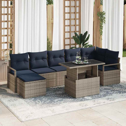 Set Divano da Giardino 8 pcs Grigio e Blu Navy polyrattan