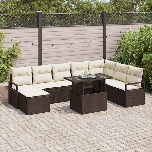 Set Divano da Giardino con cuscino 9 pcs Marrone e crema