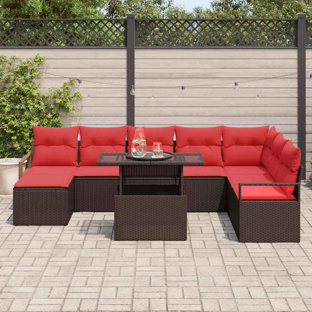 Set Divano da Giardino 9 pcs Marrone e Rosso polyrattan
