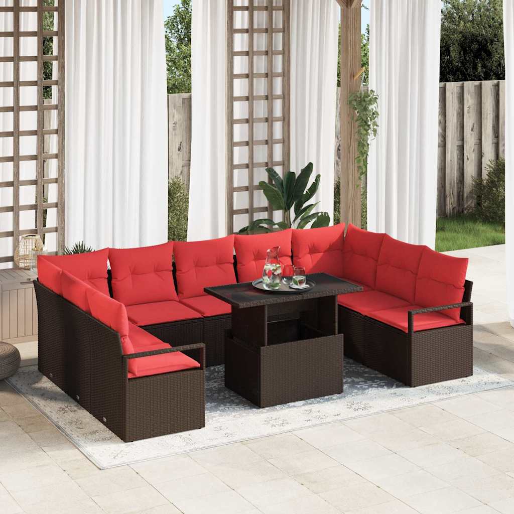 Set Divano da Giardino 10 pcs Marrone e Rosso Poly Rattan | homemem39