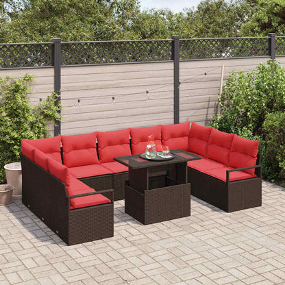 Set Divano da Giardino 10 pcs Marrone e Rosso Poly Rattan | homemem39