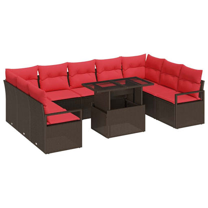 Set Divano da Giardino 10 pcs Marrone e Rosso Poly Rattan | homemem39