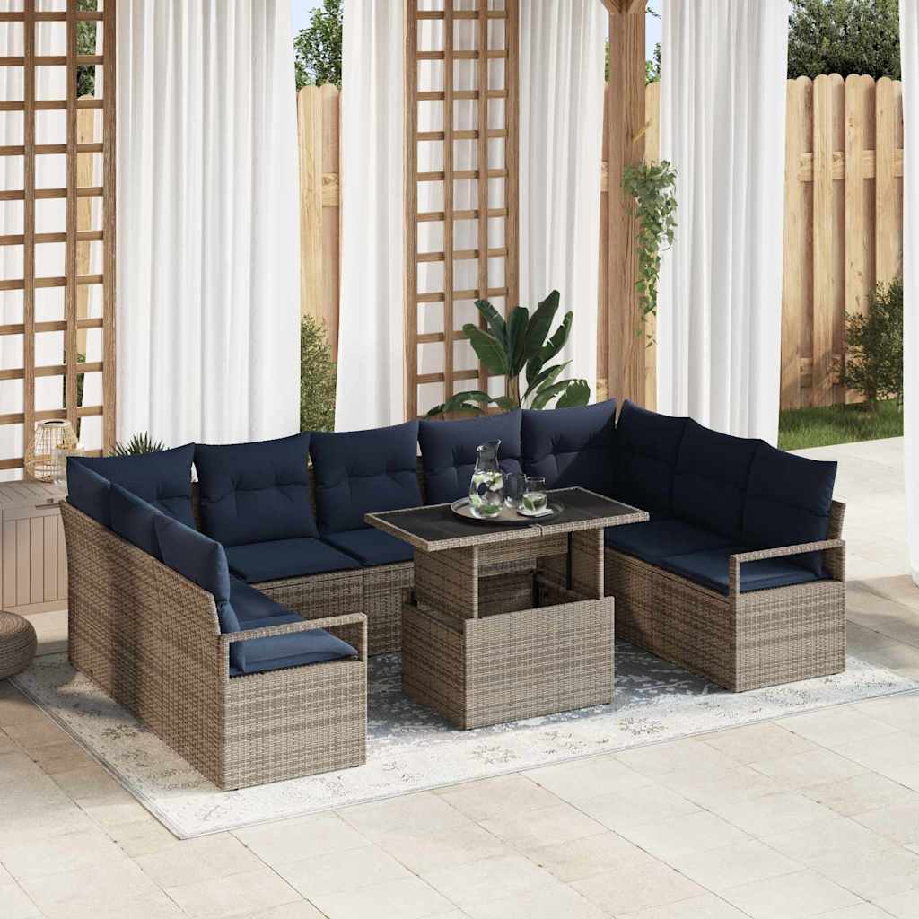 Set Divano da Giardino 10 pcs Grigio e Blu Navy Poly Rattan | homemem39