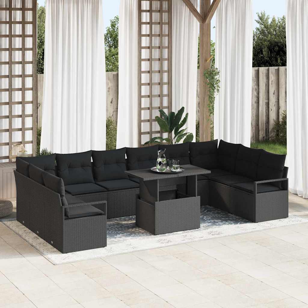 Set Divano da Giardino con cuscino 11 pcs Nero polyrattan | homemem39
