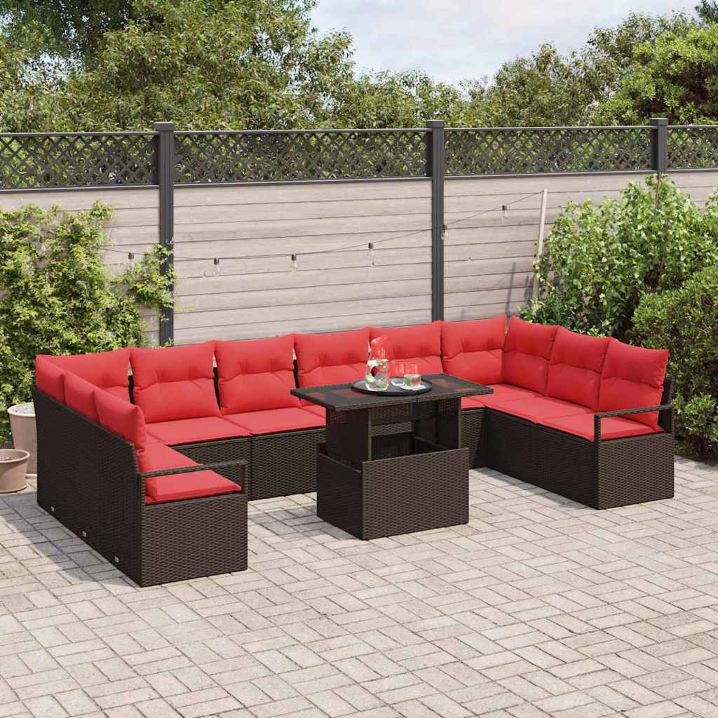 Set Divano da Giardino 11 pcs Marrone e Rosso polyrattan | homemem39