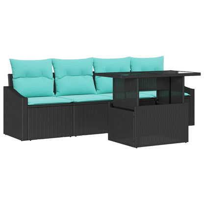 Set Divano da Giardino con cuscino 5 pcs Nero e Blu Poly Rattan | homemem39