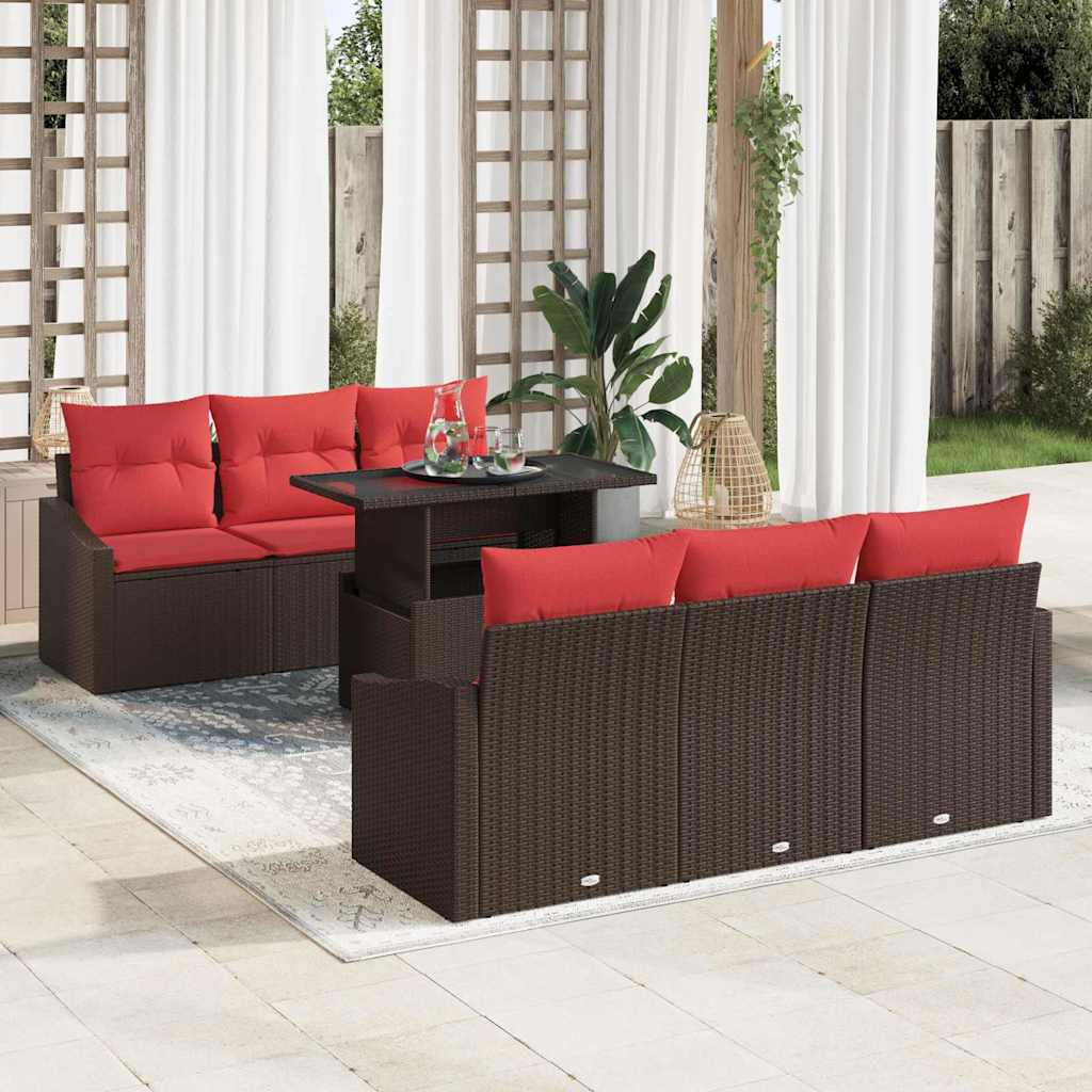 Set Divano da Giardino 7 pz 6-Numero di posti Marrone e Rosso | homemem39