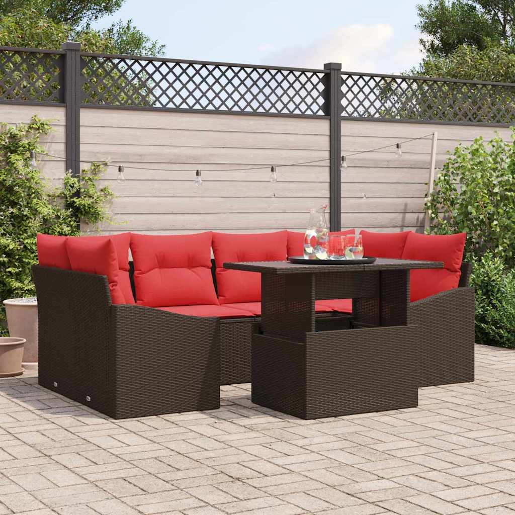 Set Divano da Giardino 7 pz Marrone e Rosso Poly Rattan | homemem39