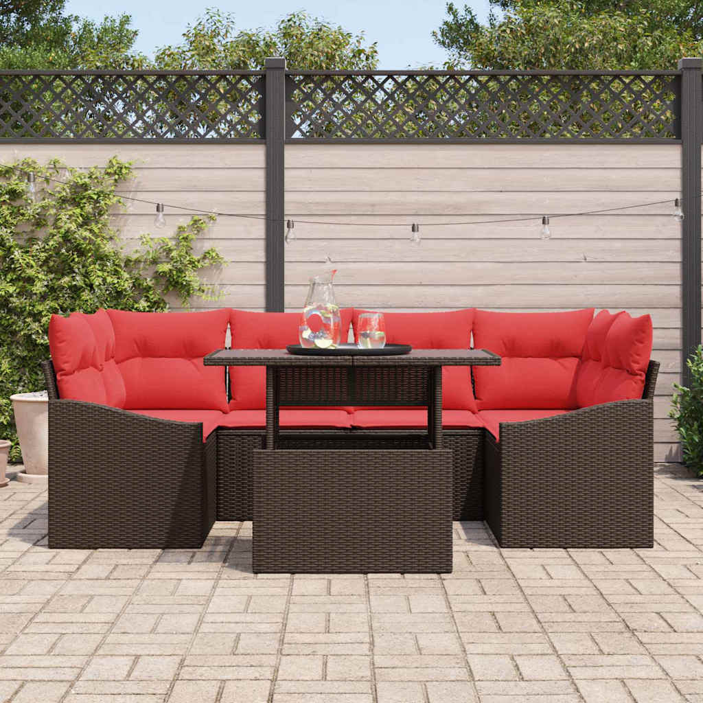 Set Divano da Giardino 7 pz Marrone e Rosso Poly Rattan | homemem39