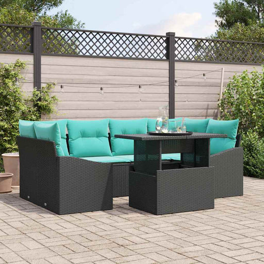 Set Divano da Giardino con cuscino 7 pcs Nero e Blu Poly Rattan | homemem39