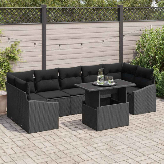 Set Divano da Giardino con cuscino 8 pcs Nero polyrattan