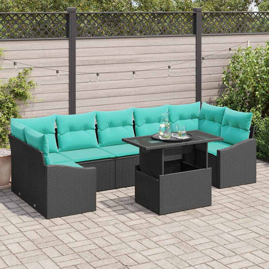 Set Divano da Giardino con cuscino 8 pcs Nero e Blu polyrattan | homemem39