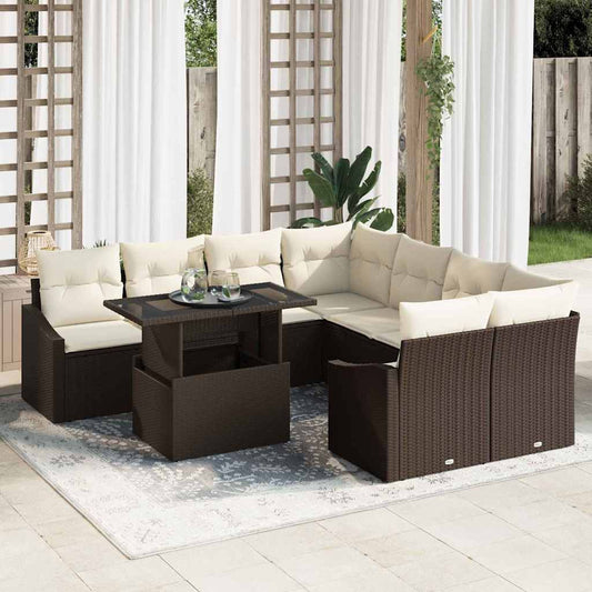Set Divano da Giardino 9 pcs Marrone e Crema polyrattan