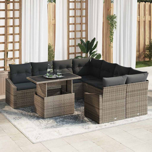Set Divano da Giardino con cuscino 9 pcs Grigio polyrattan