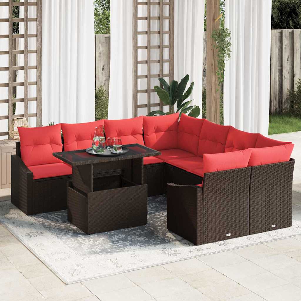 Set Divano da Giardino 9 pz Marrone e Rosso polyrattan | homemem39
