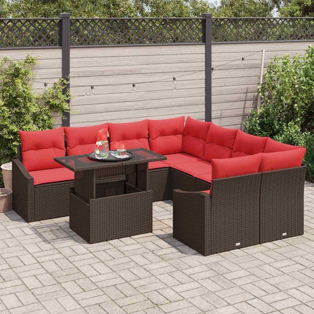 Set Divano da Giardino 9 pz Marrone e Rosso polyrattan | homemem39