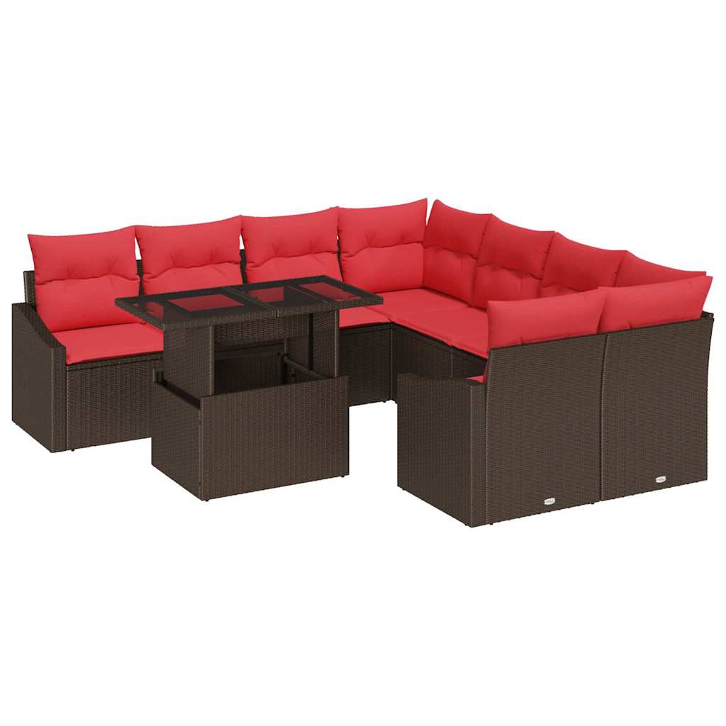Set Divano da Giardino 9 pz Marrone e Rosso polyrattan | homemem39