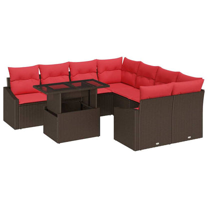 Set Divano da Giardino 9 pz Marrone e Rosso polyrattan | homemem39