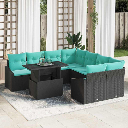 Set Divano da Giardino con cuscino 9 pcs Nero e blu polyrattan | homemem39