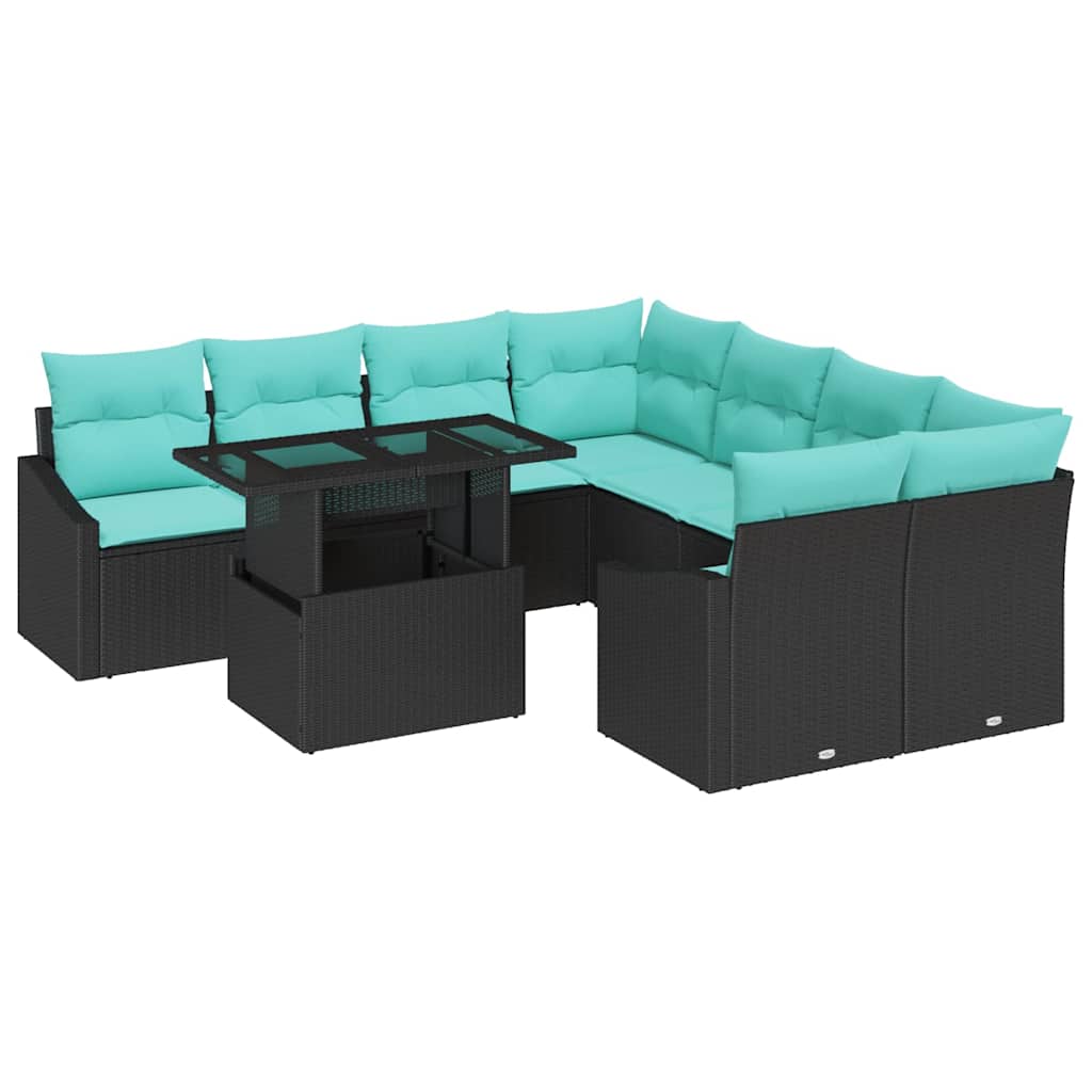 Set Divano da Giardino con cuscino 9 pcs Nero e blu polyrattan | homemem39