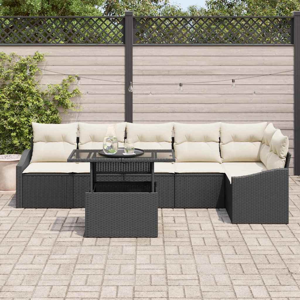 Set Divano da Giardino con cuscino 7 pcs Nero e crema | homemem39