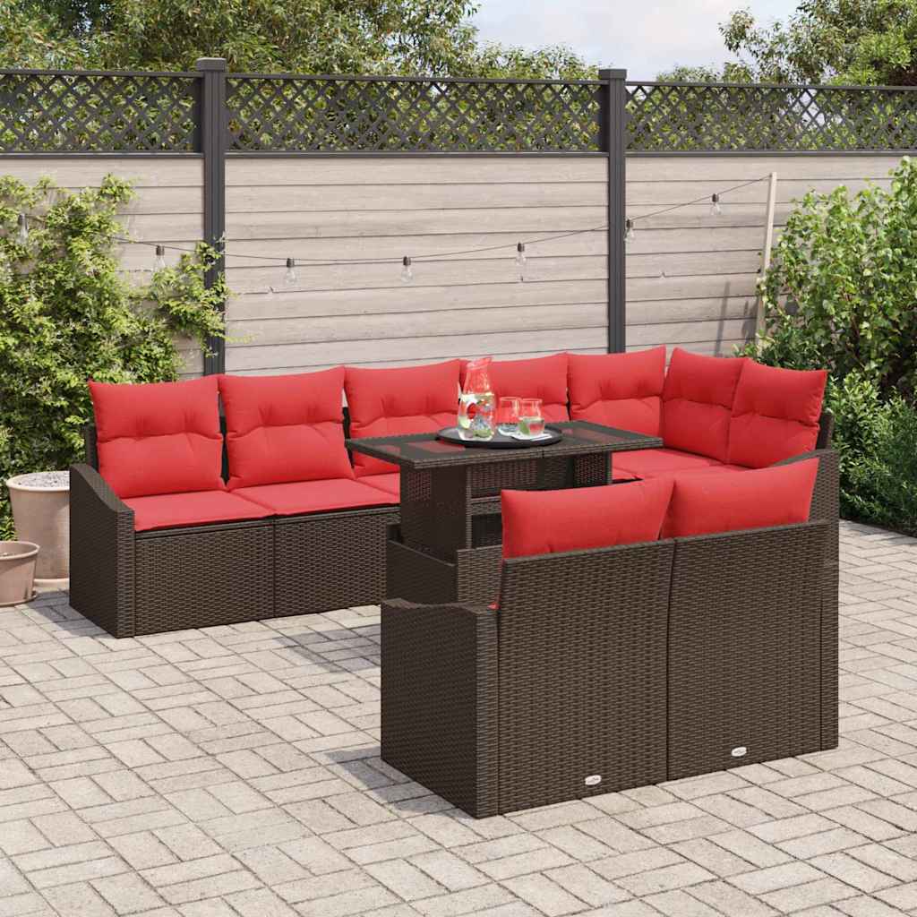 Set Divano da Giardino 9 pz Marrone e Rosso polyrattan | homemem39