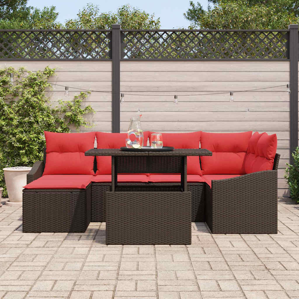 Set di divani 7 pz Marrone e Rosso Poly Rattan | homemem39
