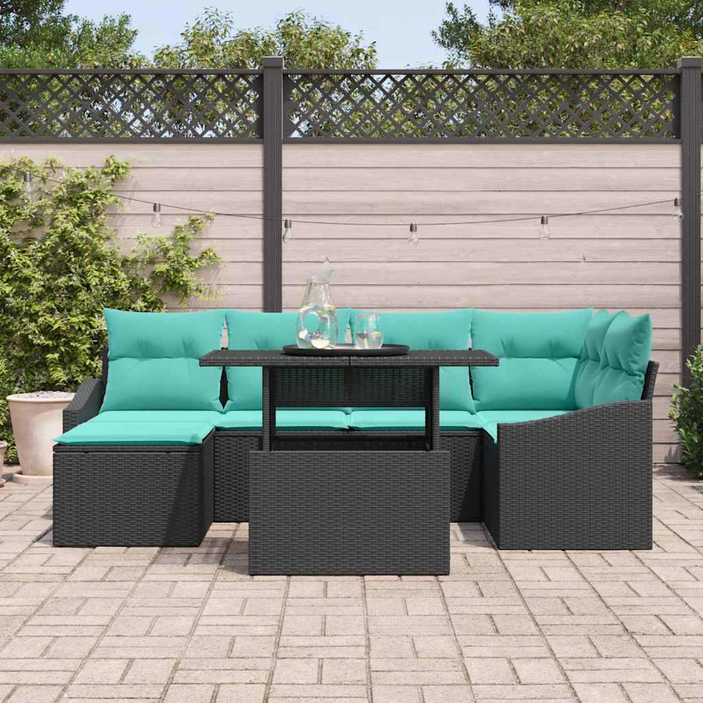 Set di divani con cuscino 7 pcs Nero e Blu Poly Rattan | homemem39