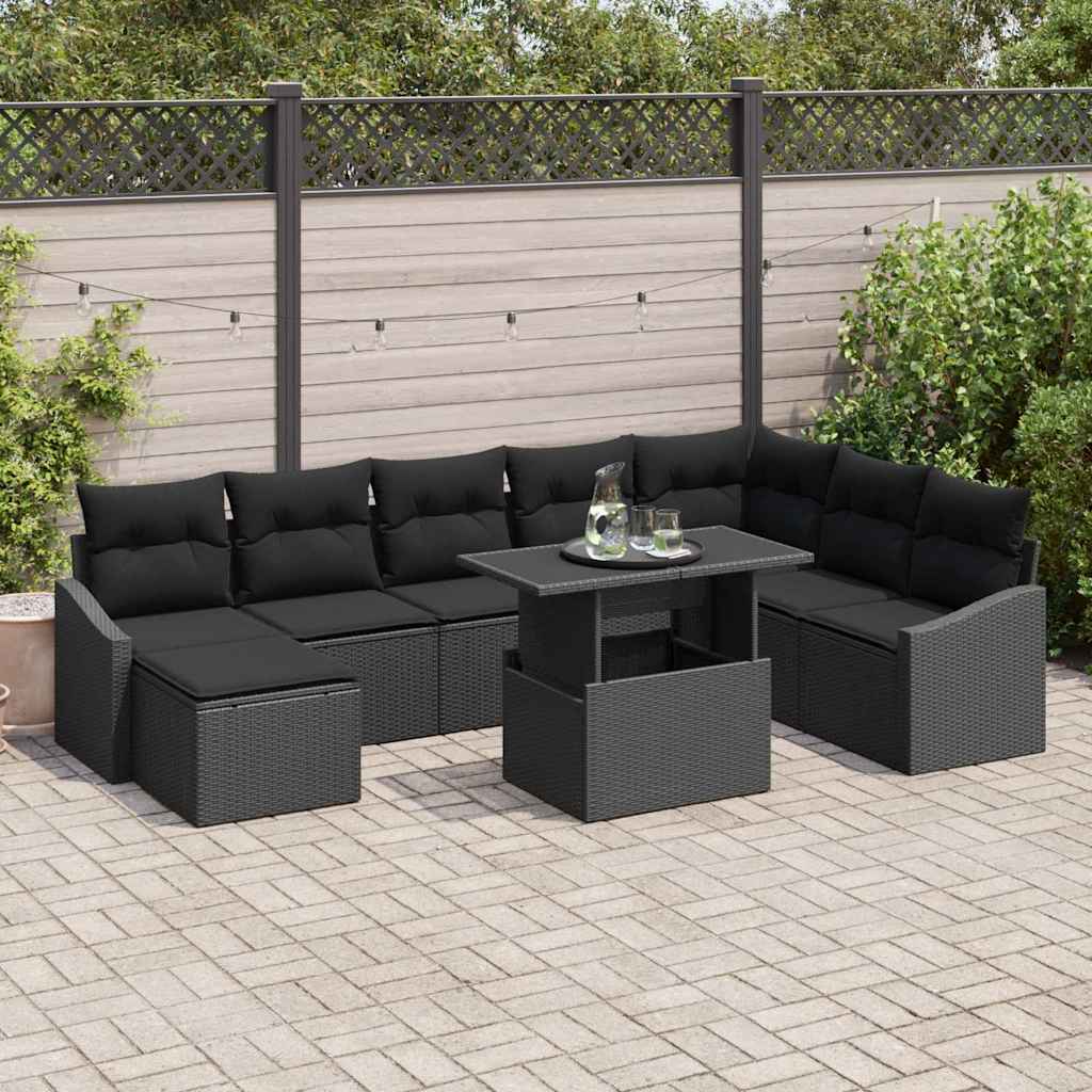 Set di divani con cuscino 9 pcs Nero polyrattan | homemem39