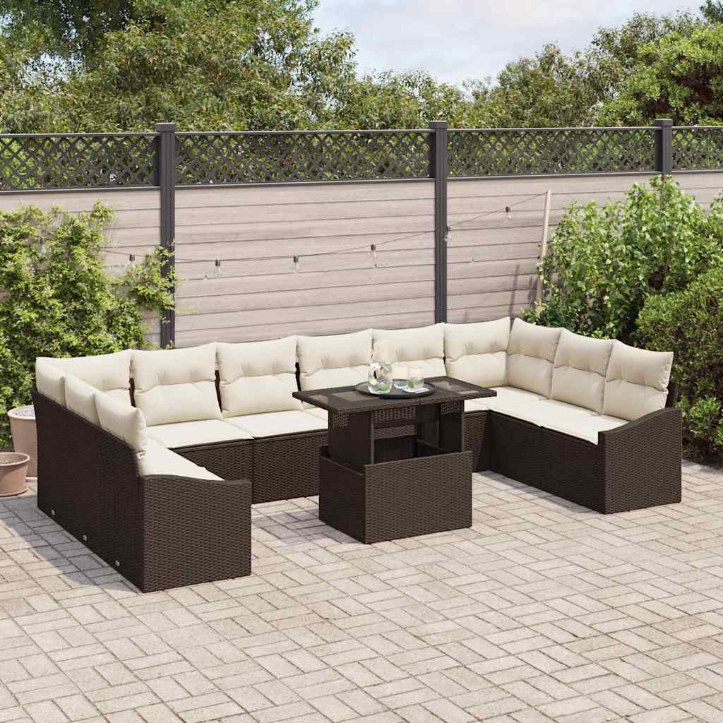 Set di divani con cuscino 11 pcs Marrone e Crema polyrattan | homemem39