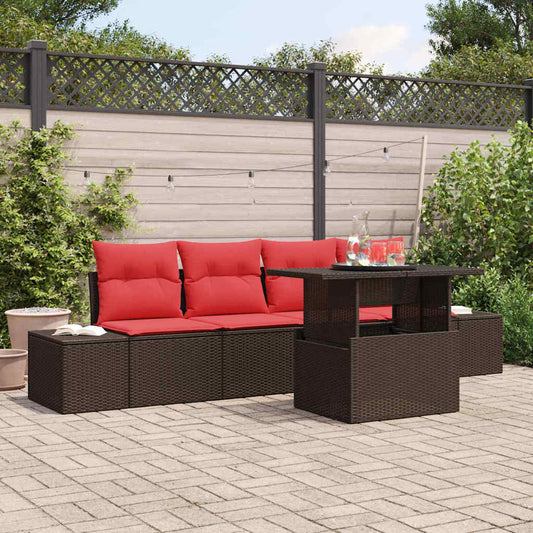 Set di divani 5 pz 4-Numero di posti Marrone e Rosso polyrattan