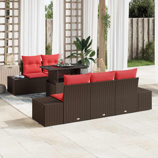 Set di divani 6 pz 5-Numero di posti Marrone e Rosso polyrattan