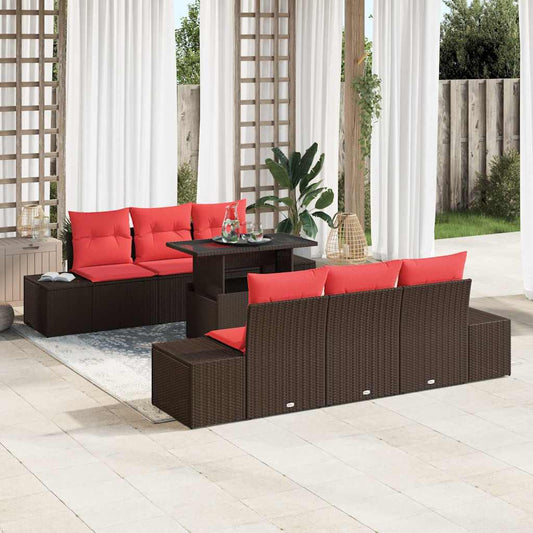 Set di divani 7 pz 6-Numero di posti Marrone e Rosso polyrattan