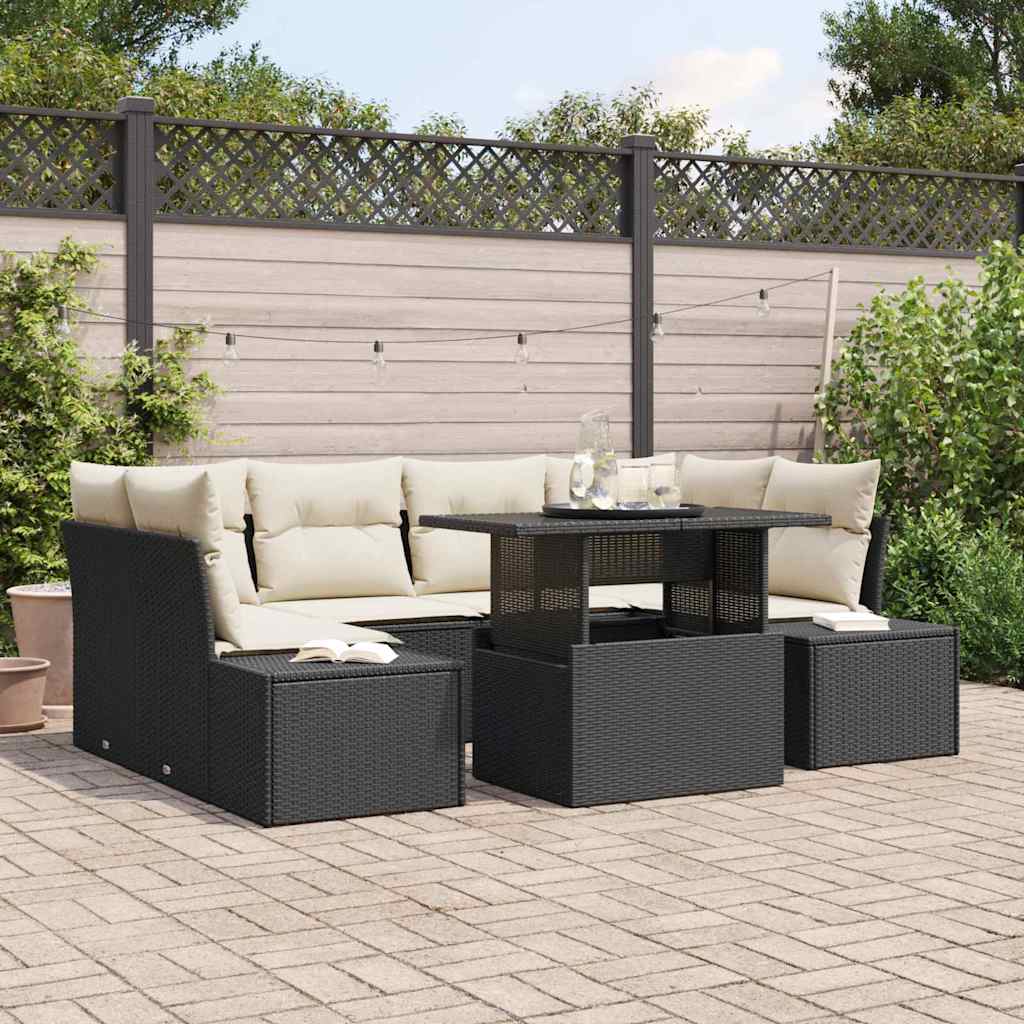 Set di divani con cuscino 7 pcs Nero e Crema polyrattan | homemem39